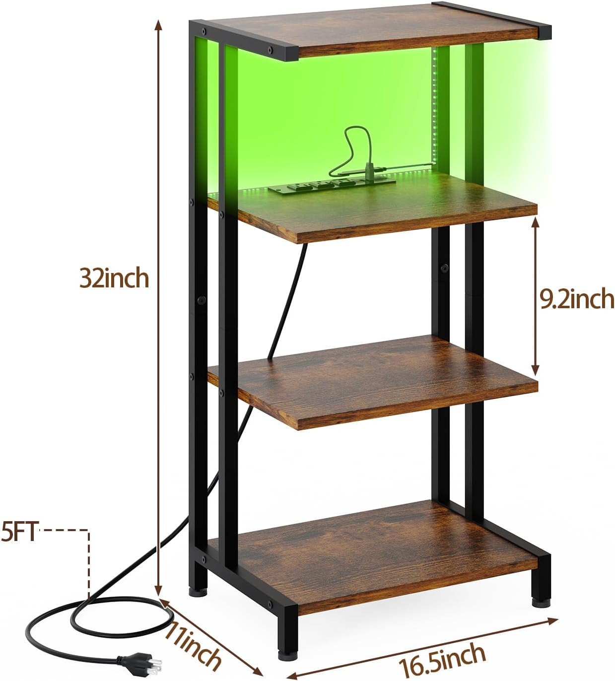 16.5" Small 4-Tier AV Media Stand with Power Strips,Narrow Version Wooden Corner TV Stand Shelf with LED Lights,Stereo Cabinet Audio Rack Stand Tower for Small Media Players and Boxes