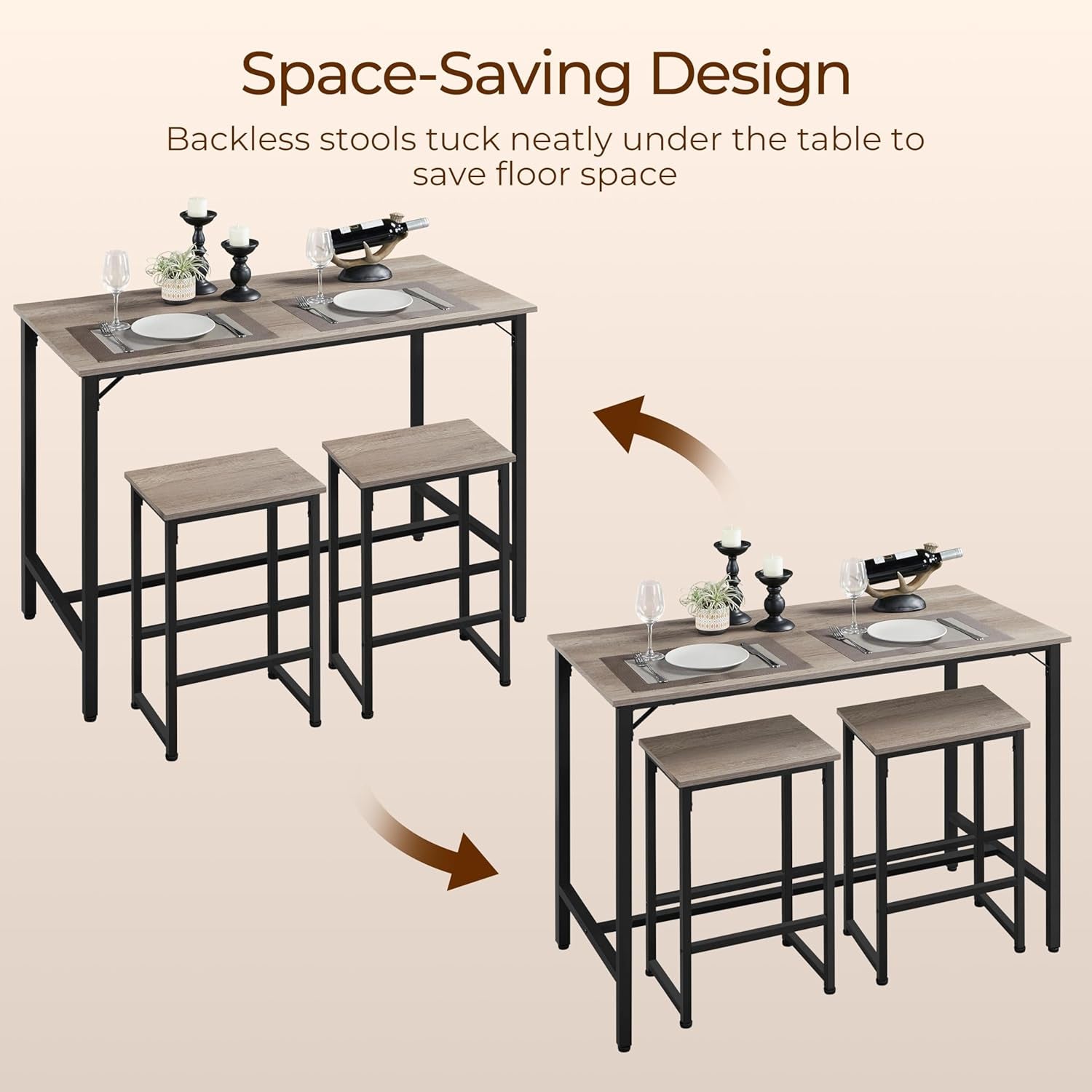 3 Piece Dining Table Set, 47.5" Industrial Pub Table Set, Counter Height Kitchen Table with Bar Stools Set of 2, for Small Space, Apartment