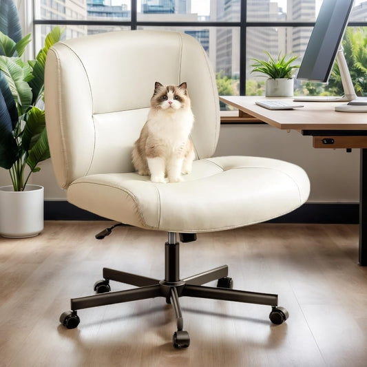 Criss Cross Chair with Wheels, Wide Mid-Back Comfy Armless Office Chair, Scratch-Resistant PVC Leather Cross Legged Desk Chair, Height Adjustable Vanity Computer Desk for Home Office