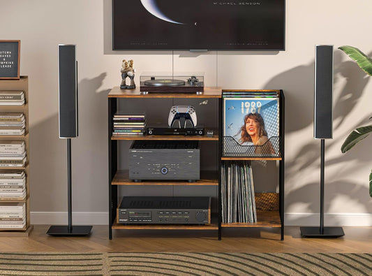 Large Record Player Stand Table with Vinyl Record Holder up to 150PCS, AV Media Stand Stereo Cabinet Shelf Rack Tower with Storage, Sturdy, Adjustable Feet, Rustic, Large Capacity