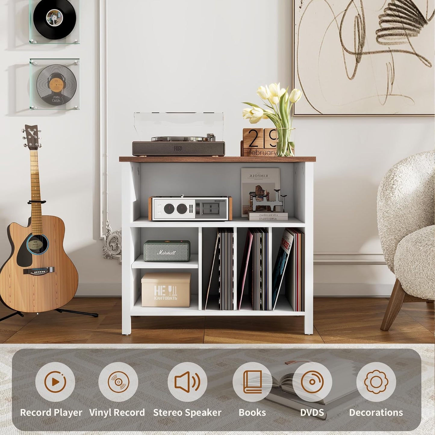 Record Player Stand, Mid-Century Vinyl Record Storage Cabinet, 3-Tier Record Player Holder, Turntable Stand with 4 Cabinet up to 220 Albums, End Table for Bedroom Music Room Living Room, White