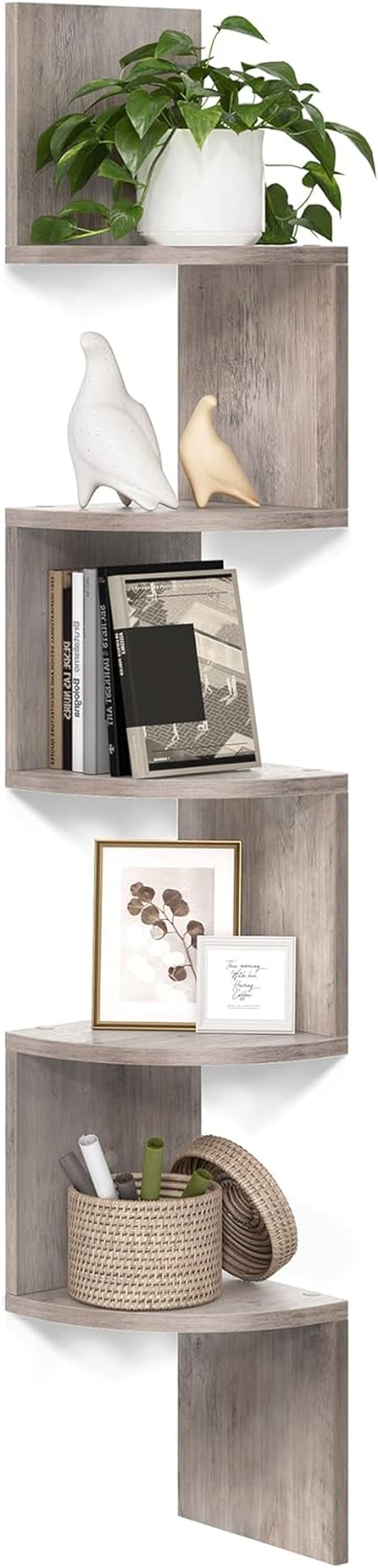 Corner Shelf Wall Mount, 5-Tier Floating Corner Bookshelf, Plant Shelf for Bedroom, Living Room, Bathroom, Home Office, Heather Greige