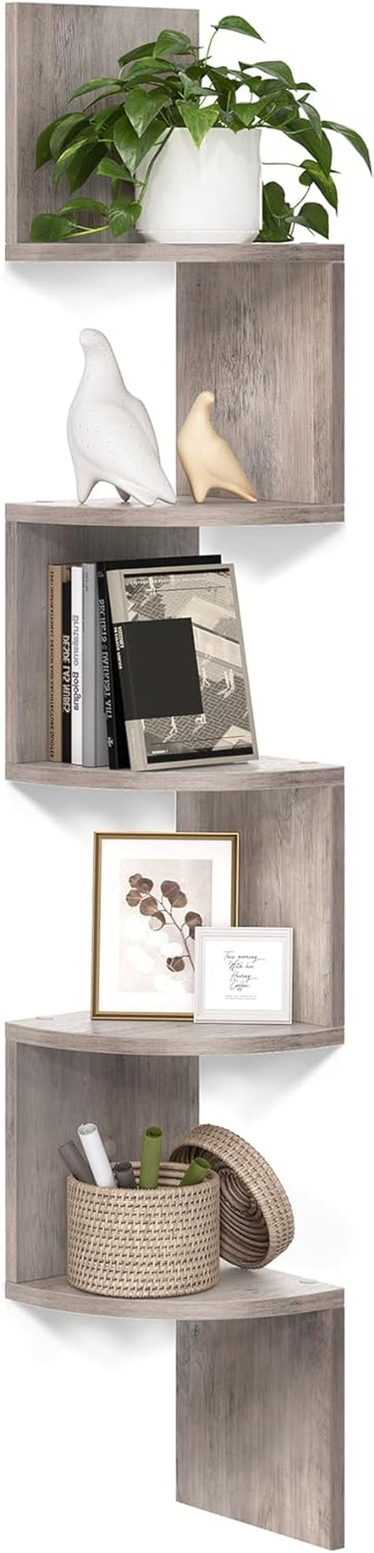 Corner Shelf Wall Mount, 5-Tier Floating Corner Bookshelf, Plant Shelf for Bedroom, Living Room, Bathroom, Home Office, Heather Greige