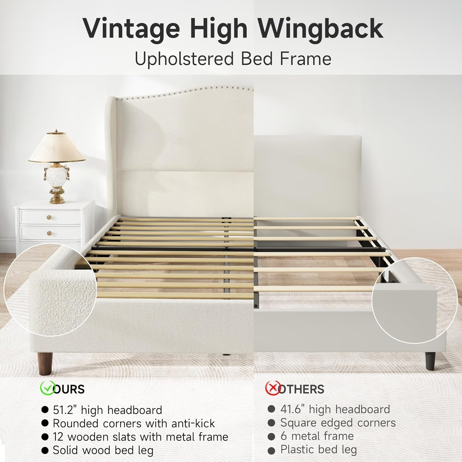 Queen Size Chenille Bed Frame with 52" Tall Headboard, Upholstered Platform Bed with Nailhead Trim Headboard Wingback, No Box Spring Needed, Wood Slats Support, Easy Assembly, Beige