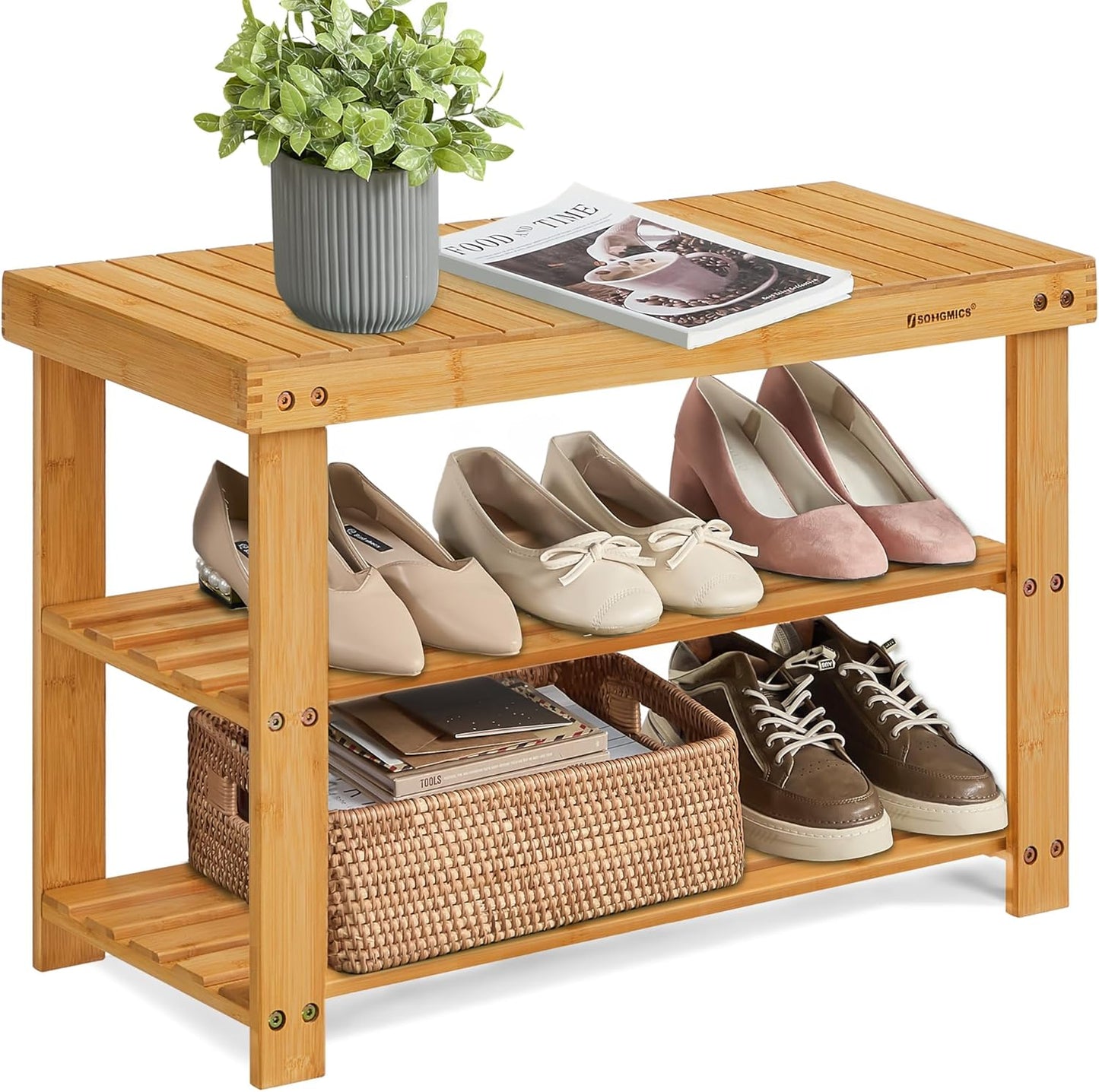 Shoe Rack Bench, 3-Tier Bamboo Shoe Storage Organizer, Entryway Bench, Holds up to 286 Lb, 11.3 X 27.6 X 17.8 Inches, for Entryway Bathroom Bedroom, Ink Black ULBS04H