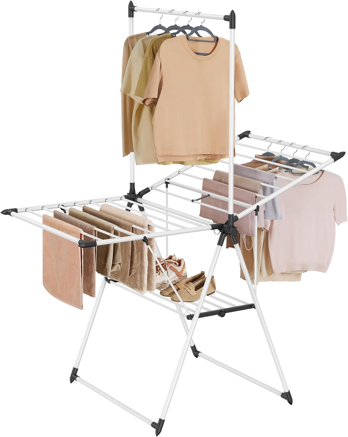 Clothes Drying Rack, with Sock Clips, Metal Laundry Rack, Foldable, Space-Saving, Free-Standing Airer, with 2 Height-Adjustable Gullwings, Indoor Outdoor Use, Silver and Blue ULLR52BU