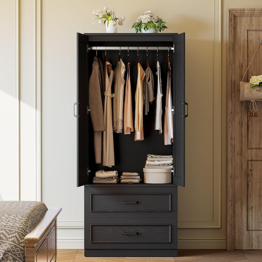 Armoire Wardrobe Closet with 2 Doors and 2 Drawers 70" H X 28" W Wooden Bedroom Freestanding Wardrobe Combination for Hanging Clothes, Black