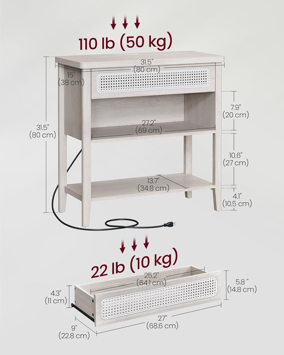 Console Table with Power Outlets, Entryway Table with Storage Shelf, Sofa Table with Drawer, Open Compartment, Rounded Corners, for Living Room, Boho Style, Oatmeal Beige ULNT140K66