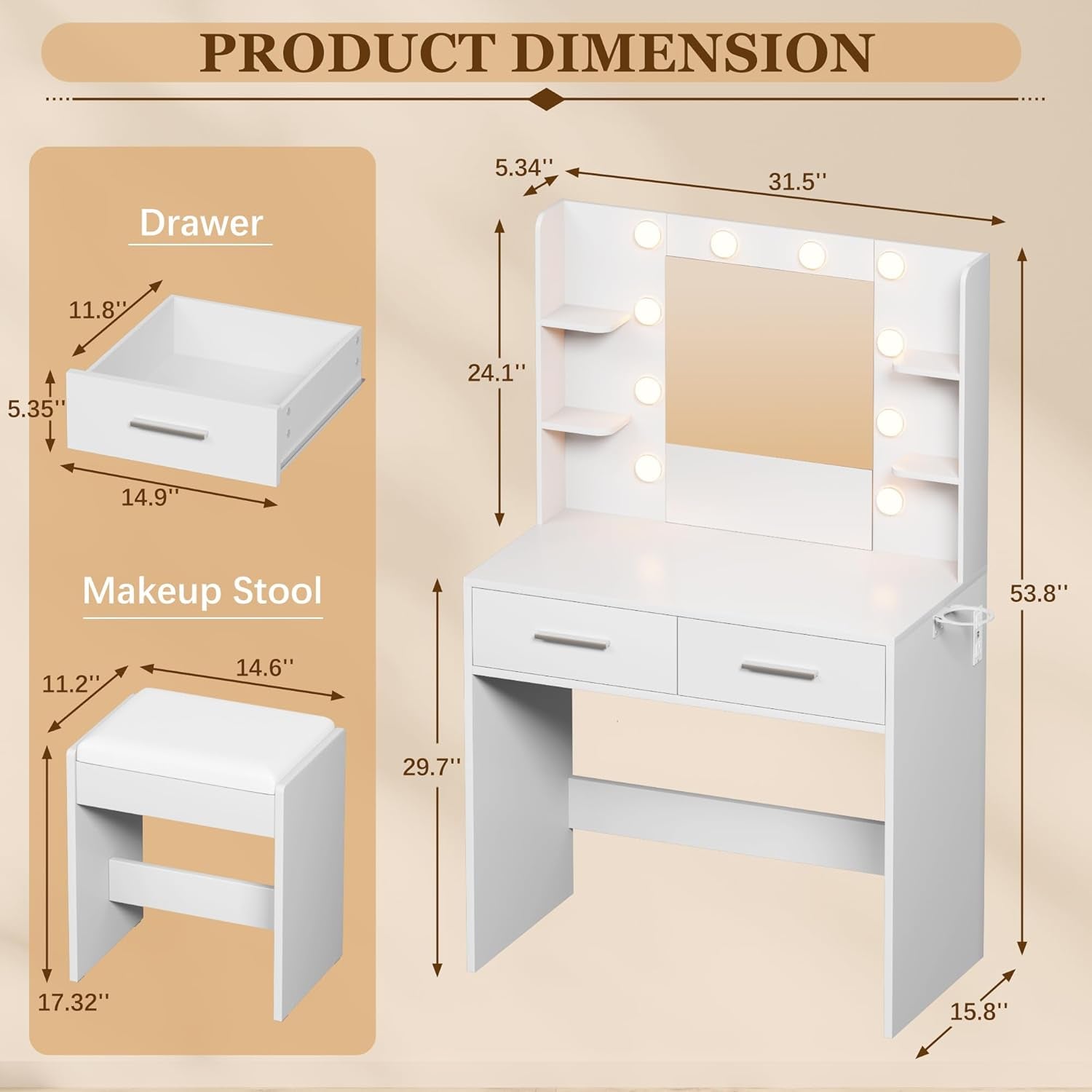 Make up Vanity Desk with Mirror and Power Outlet, Vanity with 3 Color Light Options Adjustable Brightness,Vanity Desk with 2 Drawers, 6 Storage Shelves (White, with Bench)