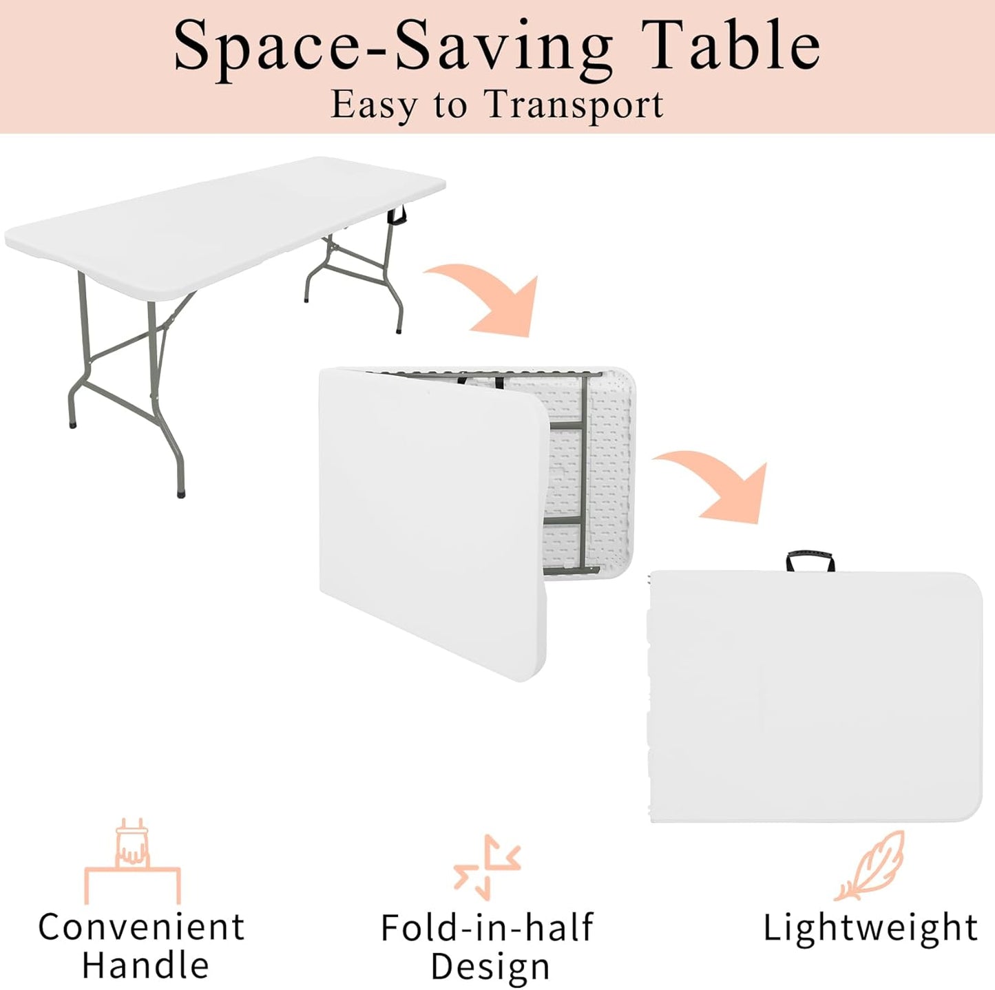 Set of 2 Folding Tables with Carrying Handle Lightweight Rectangular Portable Plastic Camping Table Steel Legs for Party, Dining, Wedding, Events, Picnic Indoor, Outdoor (6FT, White)