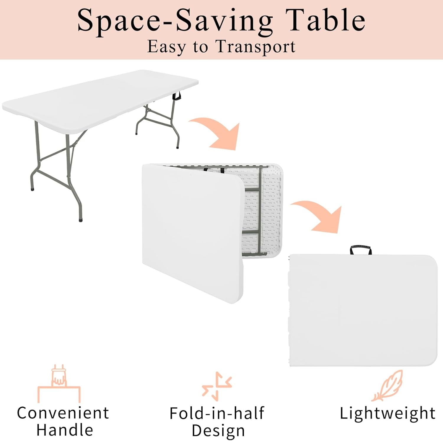 Set of 2 Folding Tables with Carrying Handle Lightweight Rectangular Portable Plastic Camping Table Steel Legs for Party, Dining, Wedding, Events, Picnic Indoor, Outdoor (6FT, White)