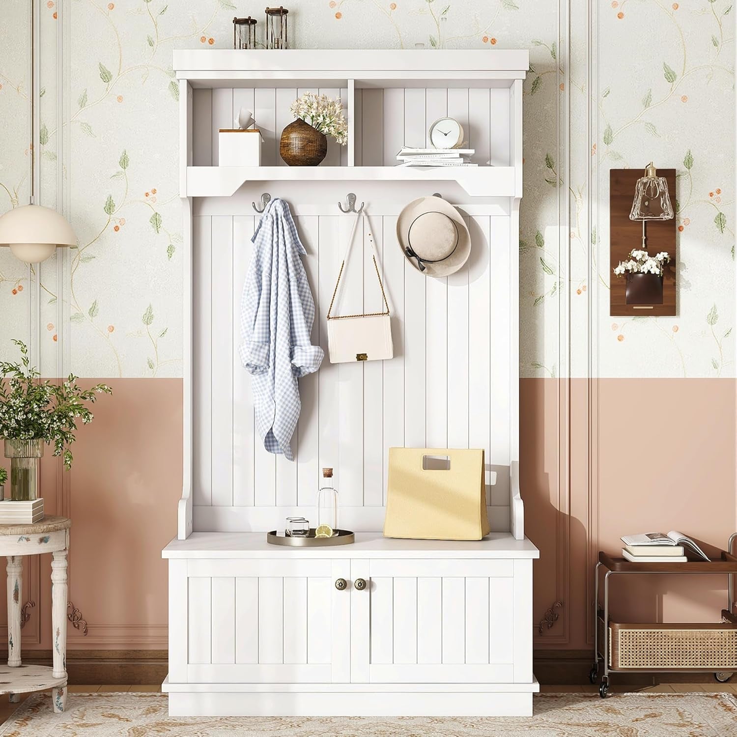 Hall Tree with Bench and Shoe Storage Shelf, Wood Hall Tree with 3 Hooks/Mudroom Bench with Storage and Hooks, Wood Hall Trees for Entryway, Hallway, Living Room, White