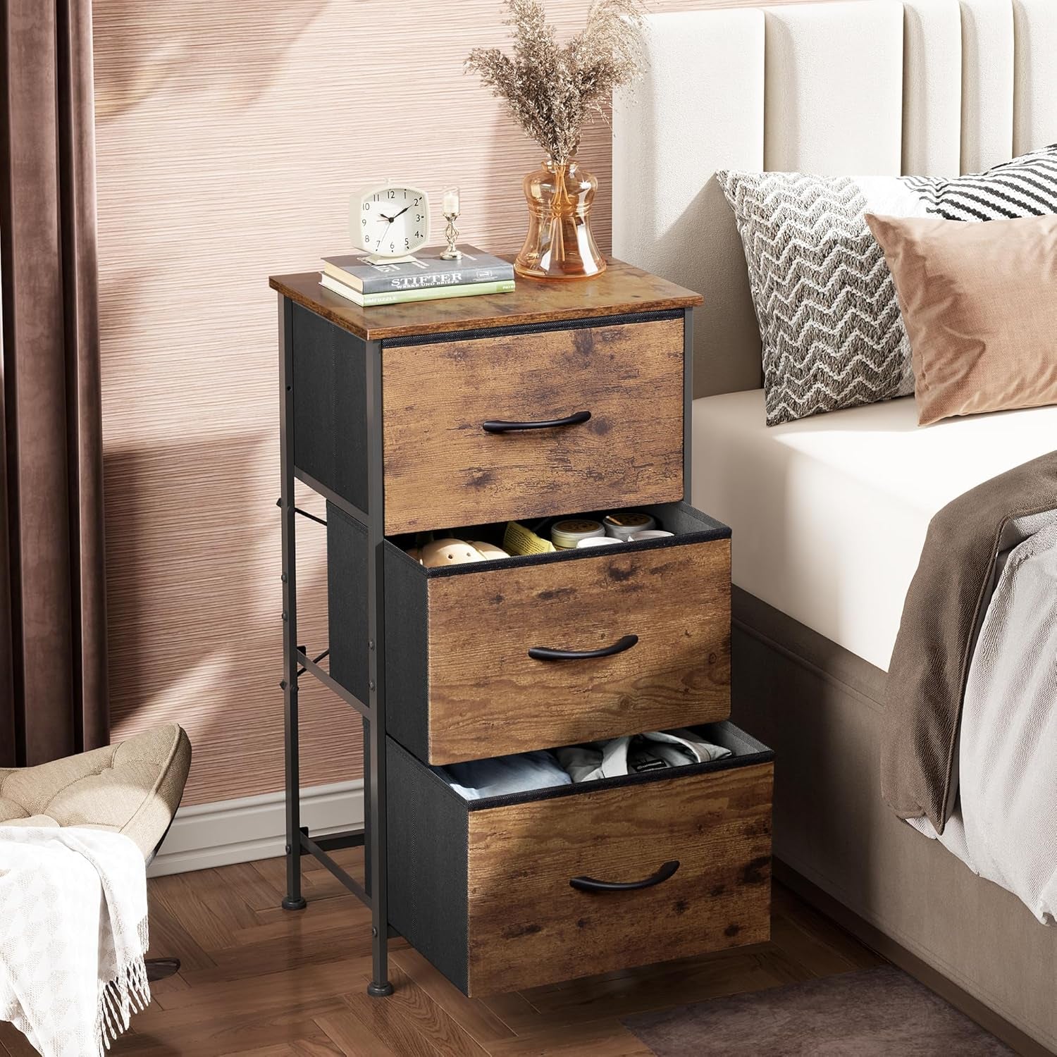 Dresser with 3 Drawers, Fabric Nightstand, Organizer Storage Dresser for Bedroom, Hallway, Entryway, Closets, Sturdy Steel Frame, Wood Top, Easy Pull Handle, Rustic Brown Wood Grain Print