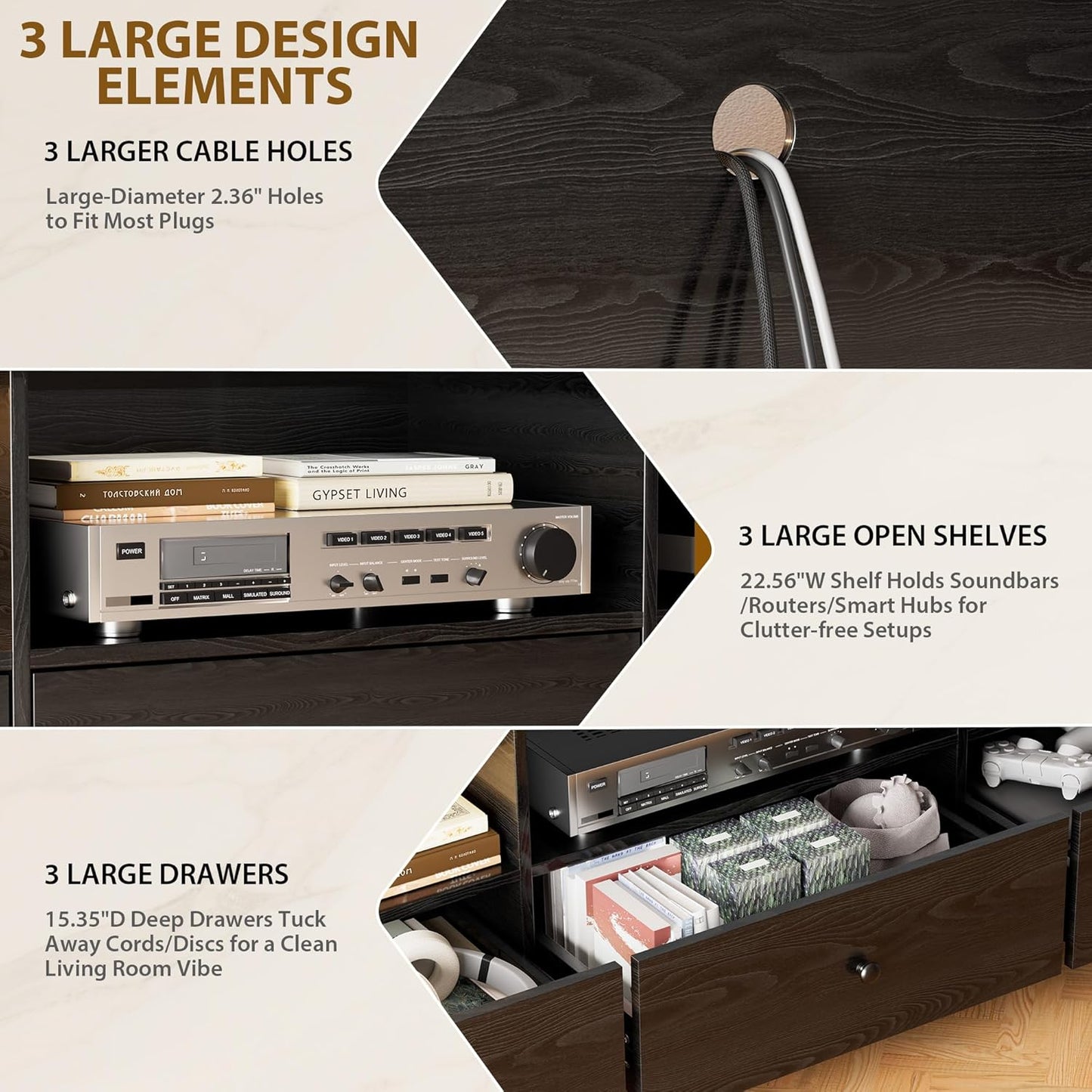 TV Stand with up to 80-Inch Tvs with 3 Large Storage Drawers and 3 Open Shelves, Black TV Stands for Living Room, Entertainment Center with Storage, Tvs Console Table, Suitable for Bedroom, Office