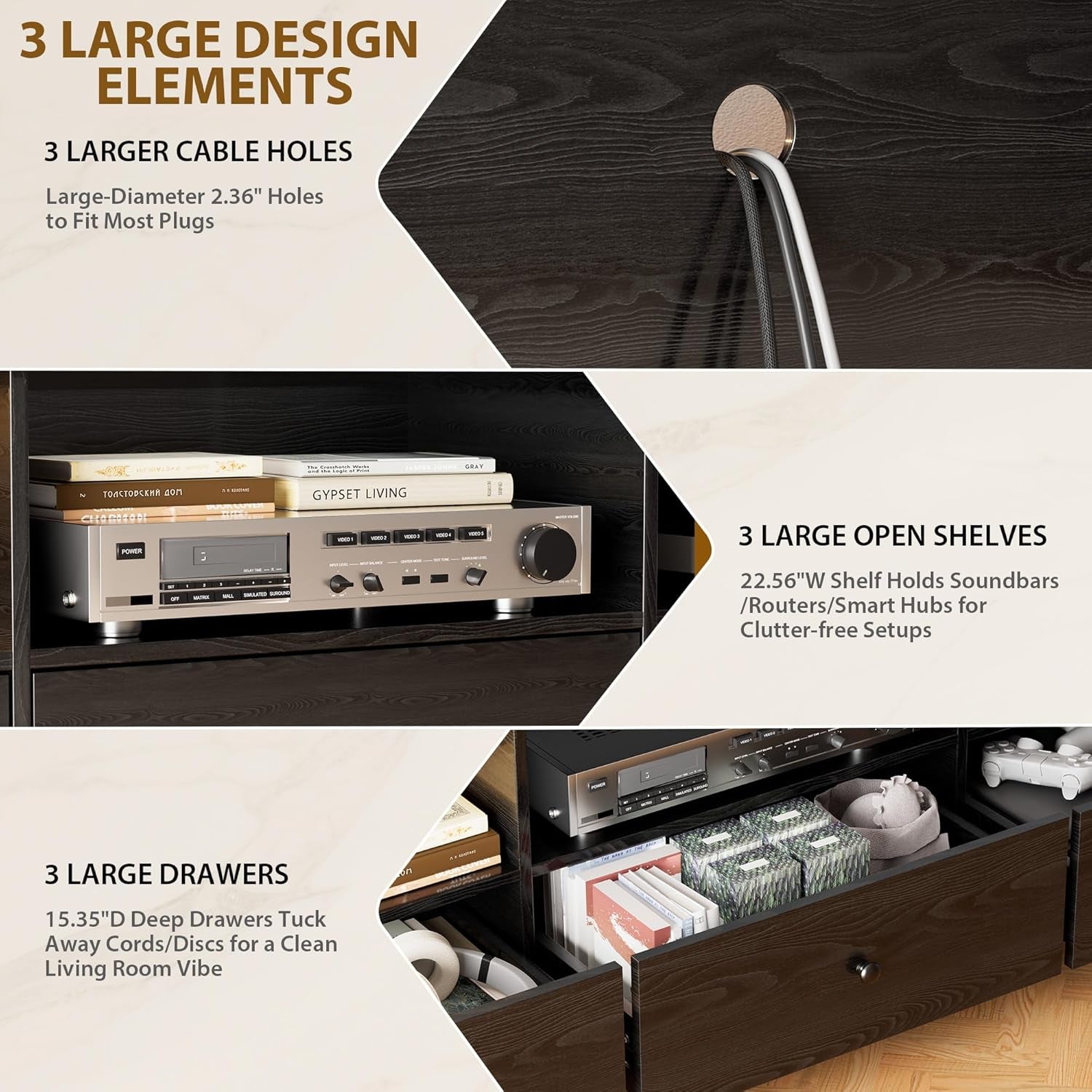 TV Stand with up to 80-Inch Tvs with 3 Large Storage Drawers and 3 Open Shelves, Black TV Stands for Living Room, Entertainment Center with Storage, Tvs Console Table, Suitable for Bedroom, Office