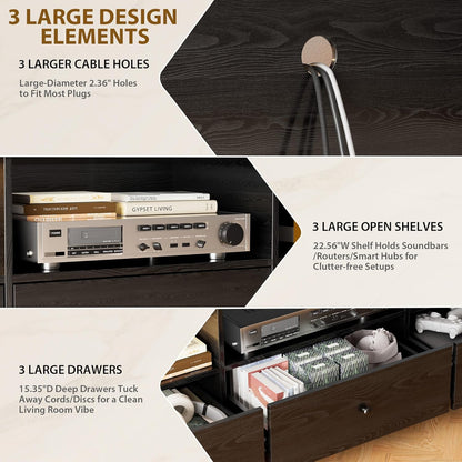 TV Stand with up to 80-Inch Tvs with 3 Large Storage Drawers and 3 Open Shelves, Black TV Stands for Living Room, Entertainment Center with Storage, Tvs Console Table, Suitable for Bedroom, Office