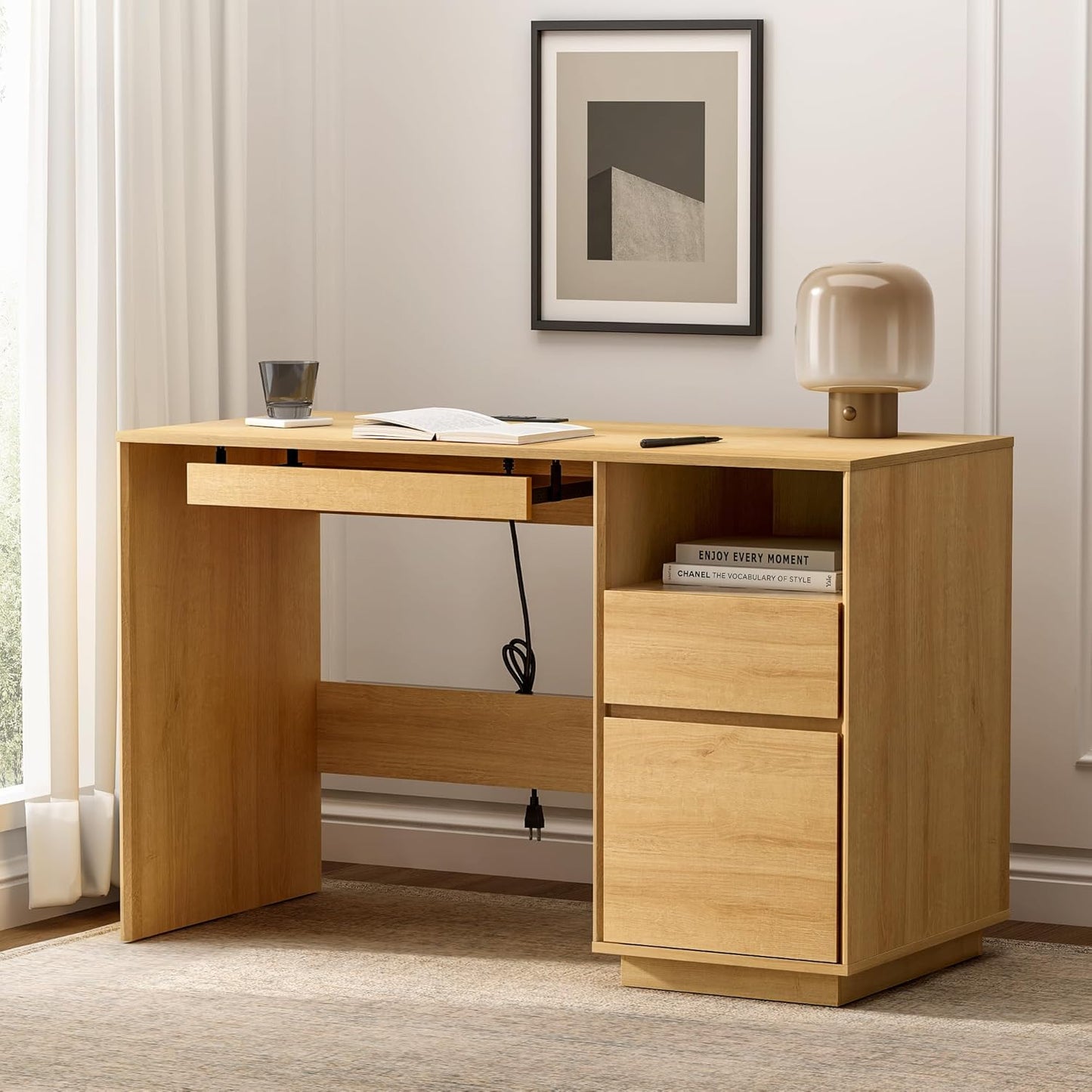 47" Executive Desk with File Drawer, Farmhouse Computer Desk with Charging Station and Open Storage Compartment Wooden Home Office Desk for Writing Study Working, Natural Oak