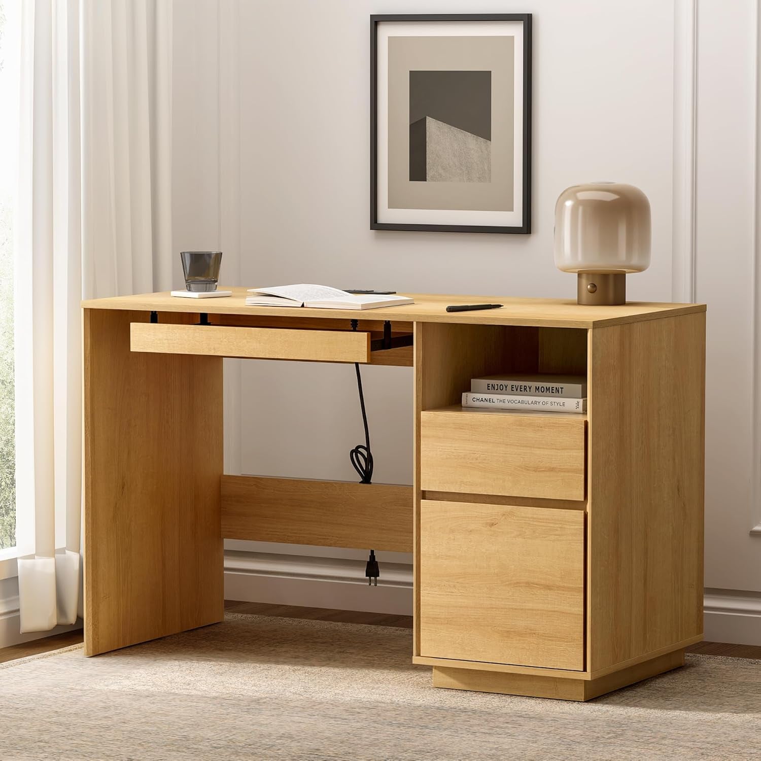 47" Executive Desk with File Drawer, Farmhouse Computer Desk with Charging Station and Open Storage Compartment Wooden Home Office Desk for Writing Study Working, Natural Oak