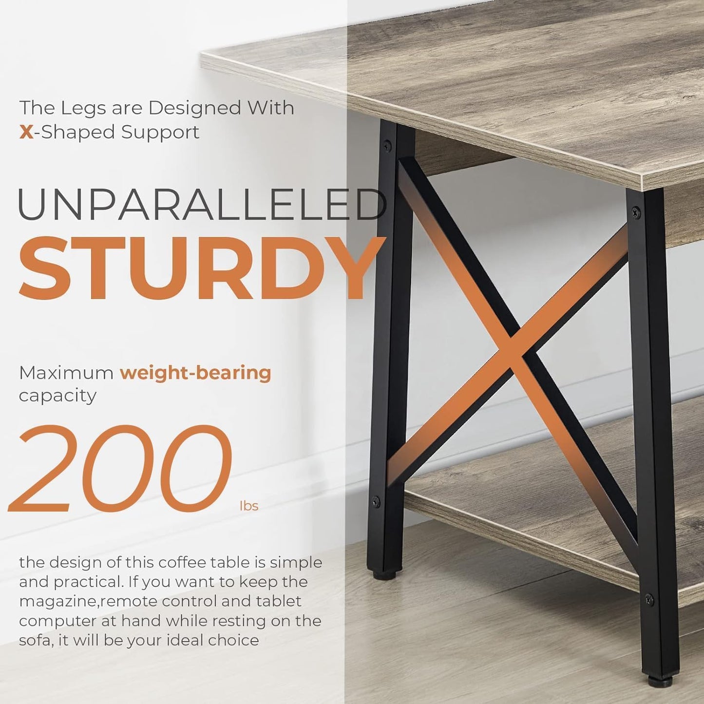 Coffee Table with Storage, 39Inch Modern 2-Tier Coffee Tables for Living Room, X-Frame Design Farmhouse Coffee Table Space Saving Living Room Small Tables, Easy Assembly, Grey Wash