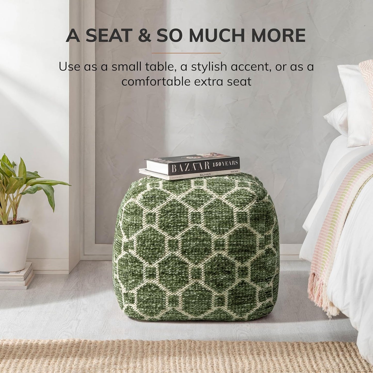 100% Handmade & Handcrafted Comfortable Home Décor Pouf Ottoman Footrest for Living Room, Bedroom, Nursery, Kidsroom, Patio Furniture - (20" X 20" X 20" - Green)