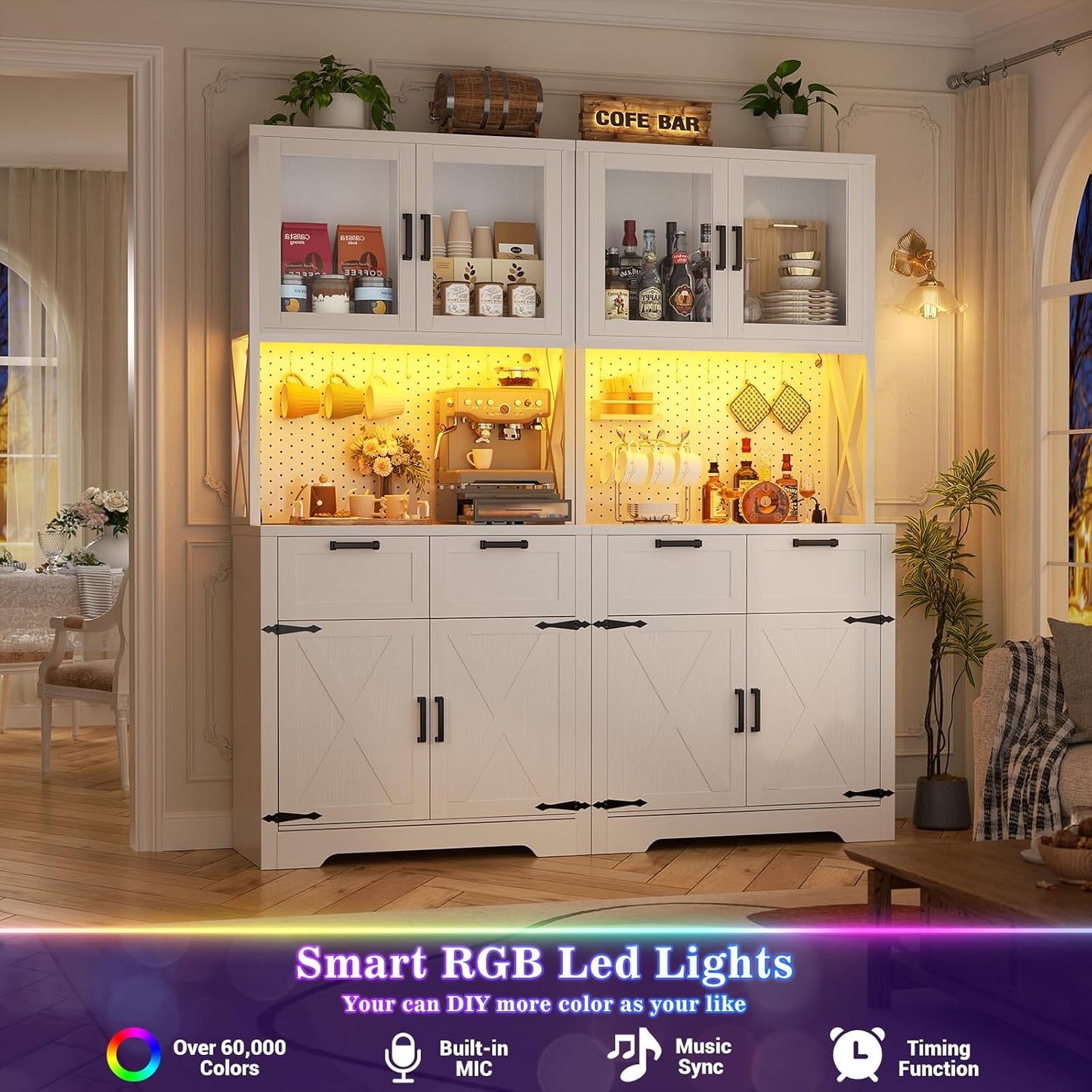 71" Tall Kitchen Pantry Storage Cabinet with LED Light & Outlet, 63" Wide Kitchen Hutch Cabinet with Large Countertop, DIY Pegboard and Drawers, Farmhouse Food Pantry for Living Room,