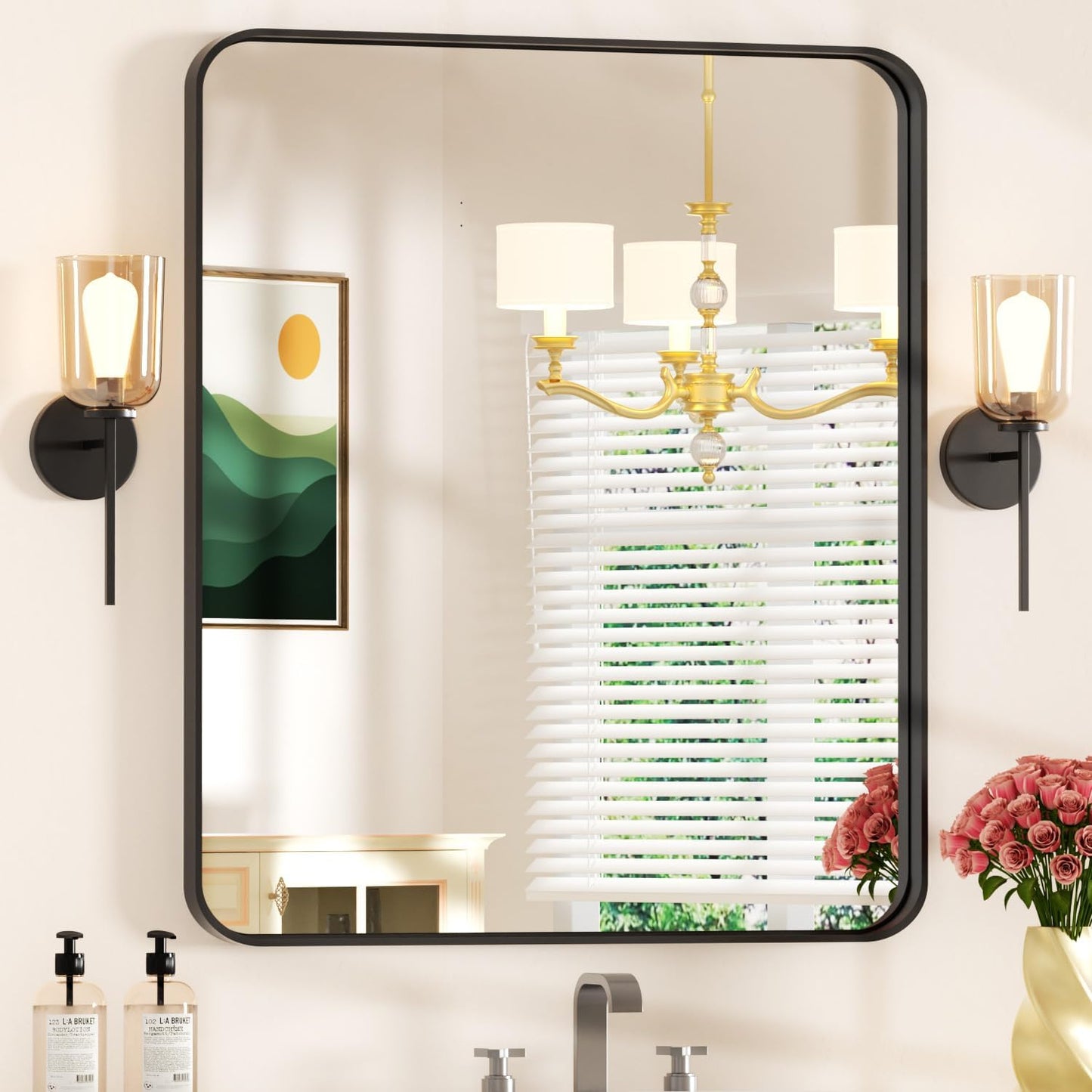 28×32 Black Frame Mirror for over Sink - Rectangular Decorative Bathroom Mirrors with Rounded Corners & Aluminium Frame, Tempered-Glass, Restroom, Entryway, Wall, Vanity