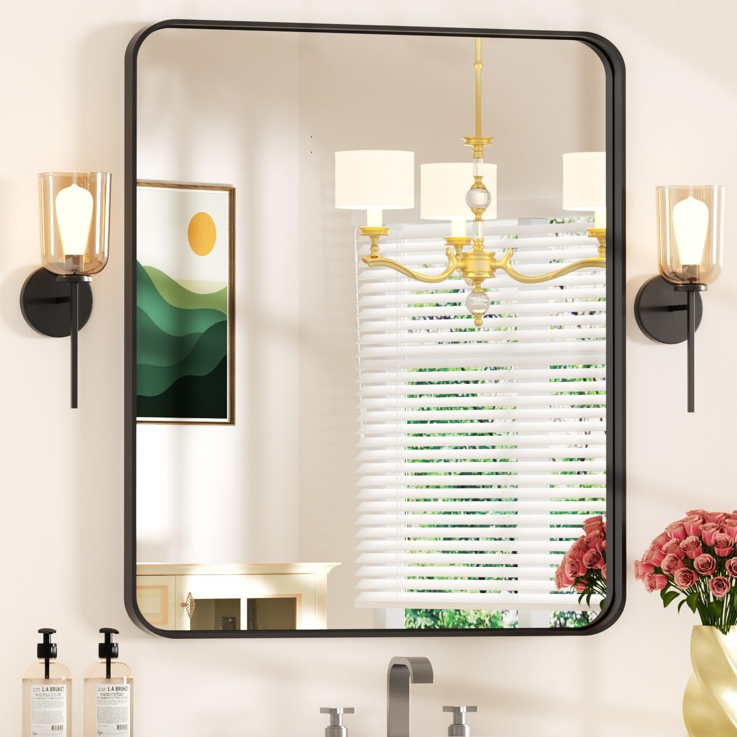 28×32 Black Frame Mirror for over Sink - Rectangular Decorative Bathroom Mirrors with Rounded Corners & Aluminium Frame, Tempered-Glass, Restroom, Entryway, Wall, Vanity