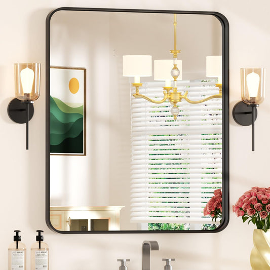 28×32 Black Frame Mirror for over Sink - Rectangular Decorative Bathroom Mirrors with Rounded Corners & Aluminium Frame, Tempered-Glass, Restroom, Entryway, Wall, Vanity