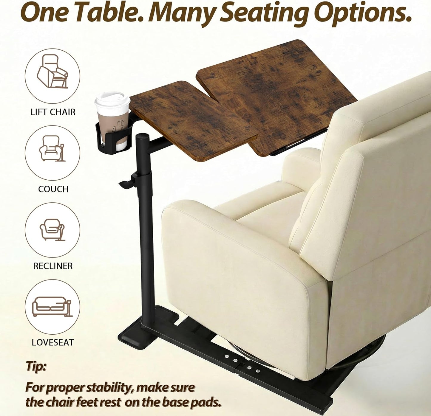 Height Adjustable Overcouch Armrest Table Tray – Tilting Top Swivel Table for Recliner, Sofa, Laptop, Slide under Side Table for Eating, Reading, Snacking, Recovery Use (Rustic Brown)