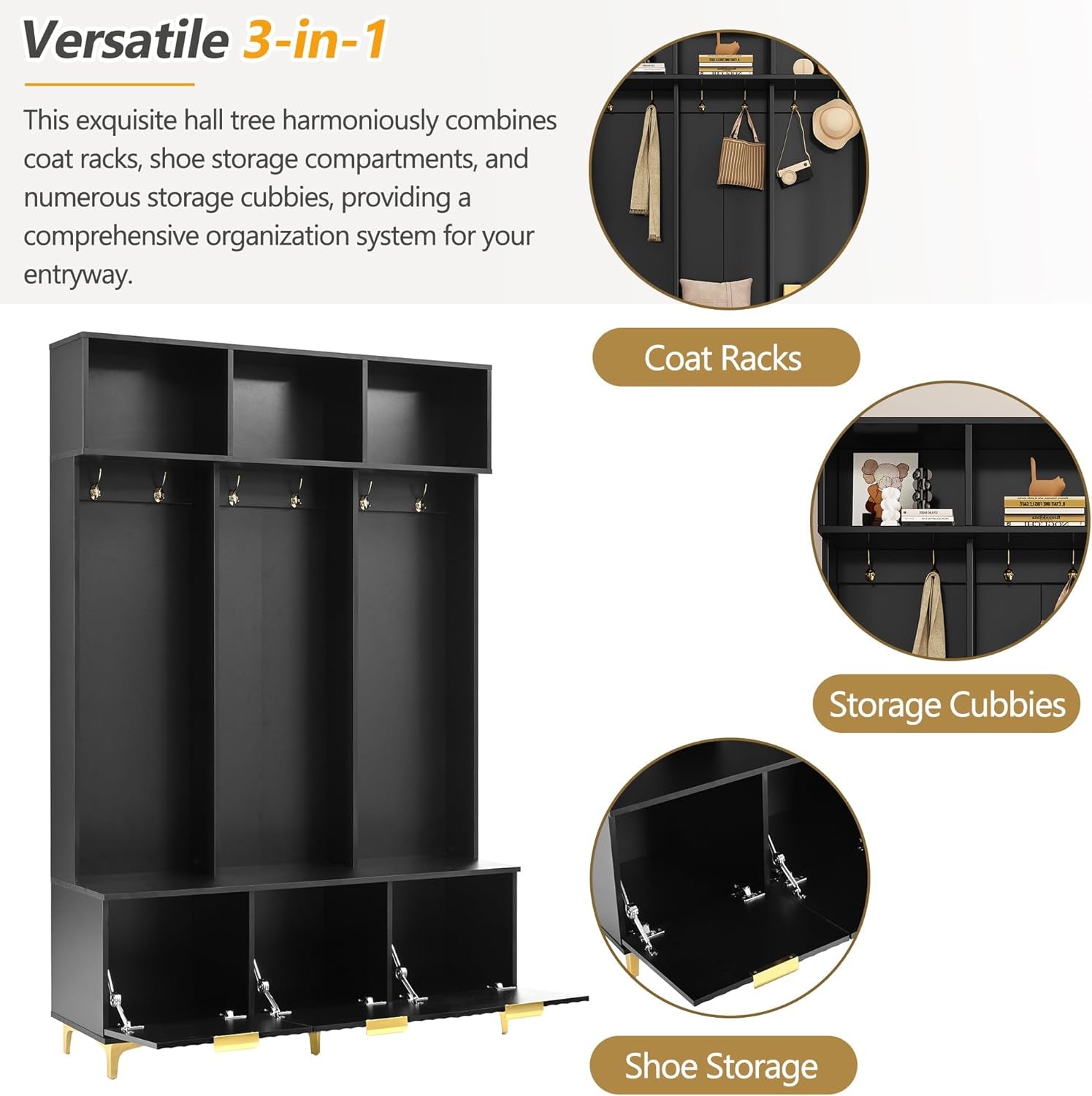 Modern Large Storage Hall Tree with Bench, Multi-Functional with High Gloss Fluted Doors, Coat Rack with 6 Gold Hooks for Entryway, Living Room, Black