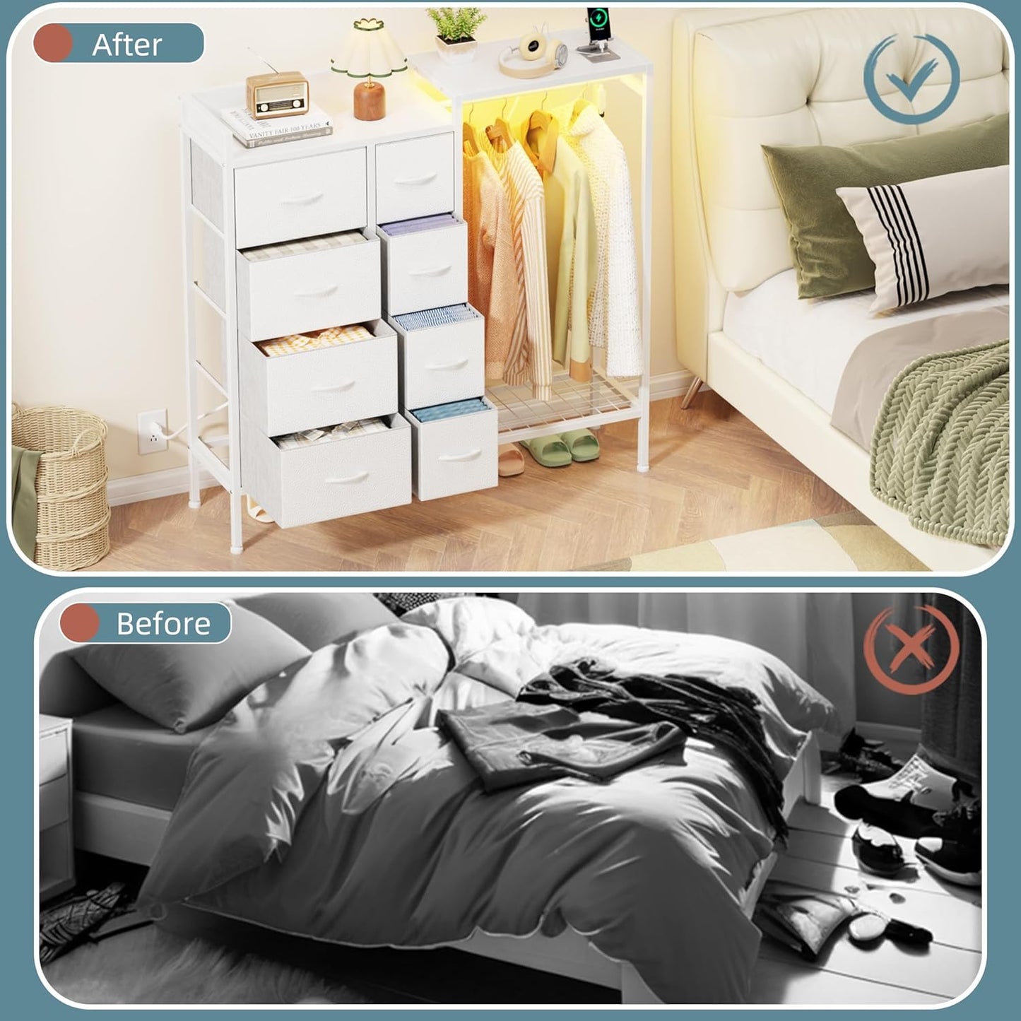 Dresser with Hanging Rack, 8-Drawer Dresser for Bedroom with Charging Station & LED Lights, Kids Dressers with Shoe Rack, Chest of Drawers with Wooden Top for Bedroom, Kids Room, White, 11.8"D