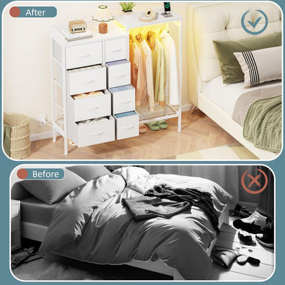 Dresser with Hanging Rack, 8-Drawer Dresser for Bedroom with Charging Station & LED Lights, Kids Dressers with Shoe Rack, Chest of Drawers with Wooden Top for Bedroom, Kids Room, White, 11.8"D