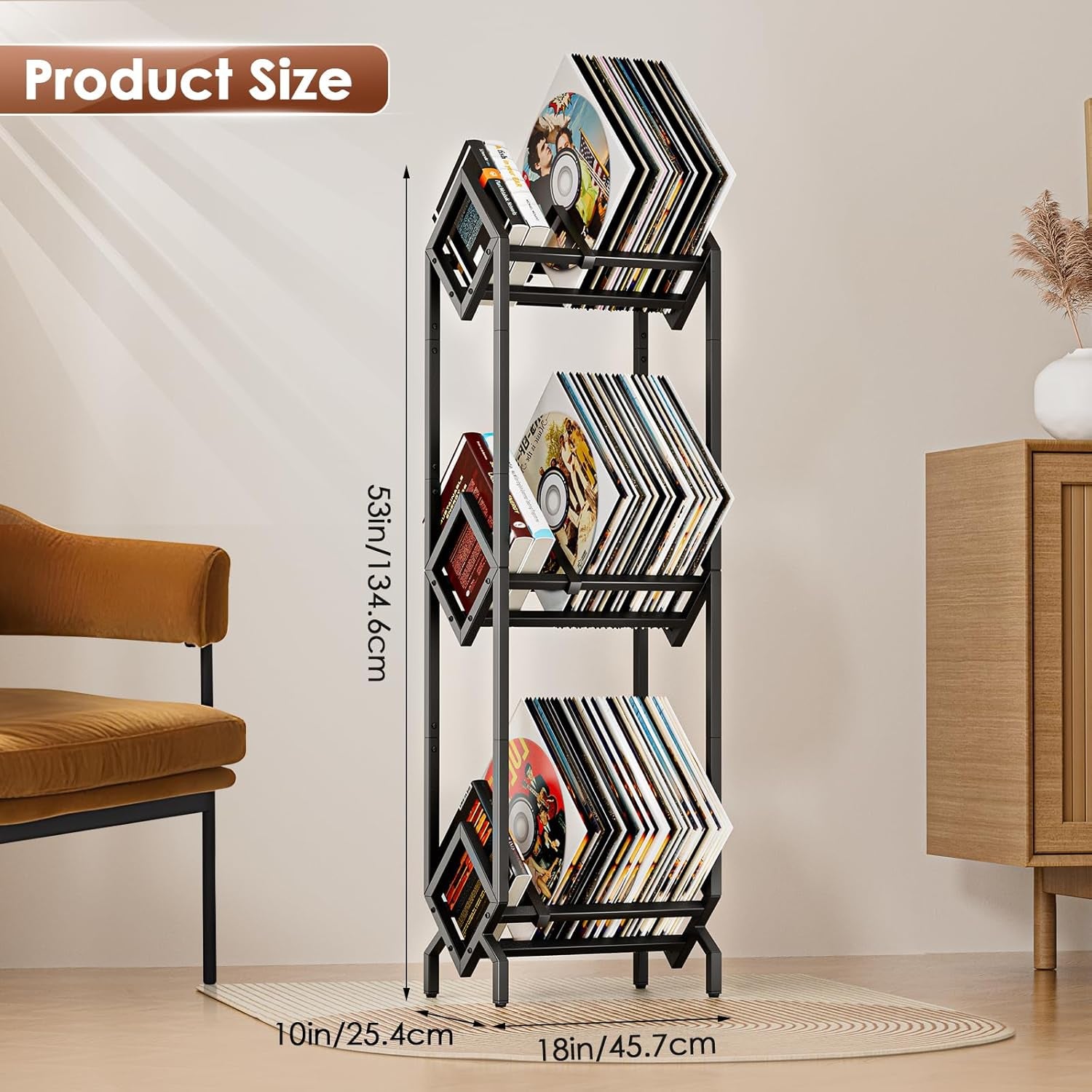 Vinyl Record Storage Rack, Record Holder 260-280 LP Storage Shelf Display Stand for Albums Books Magazines Files, Black Metal