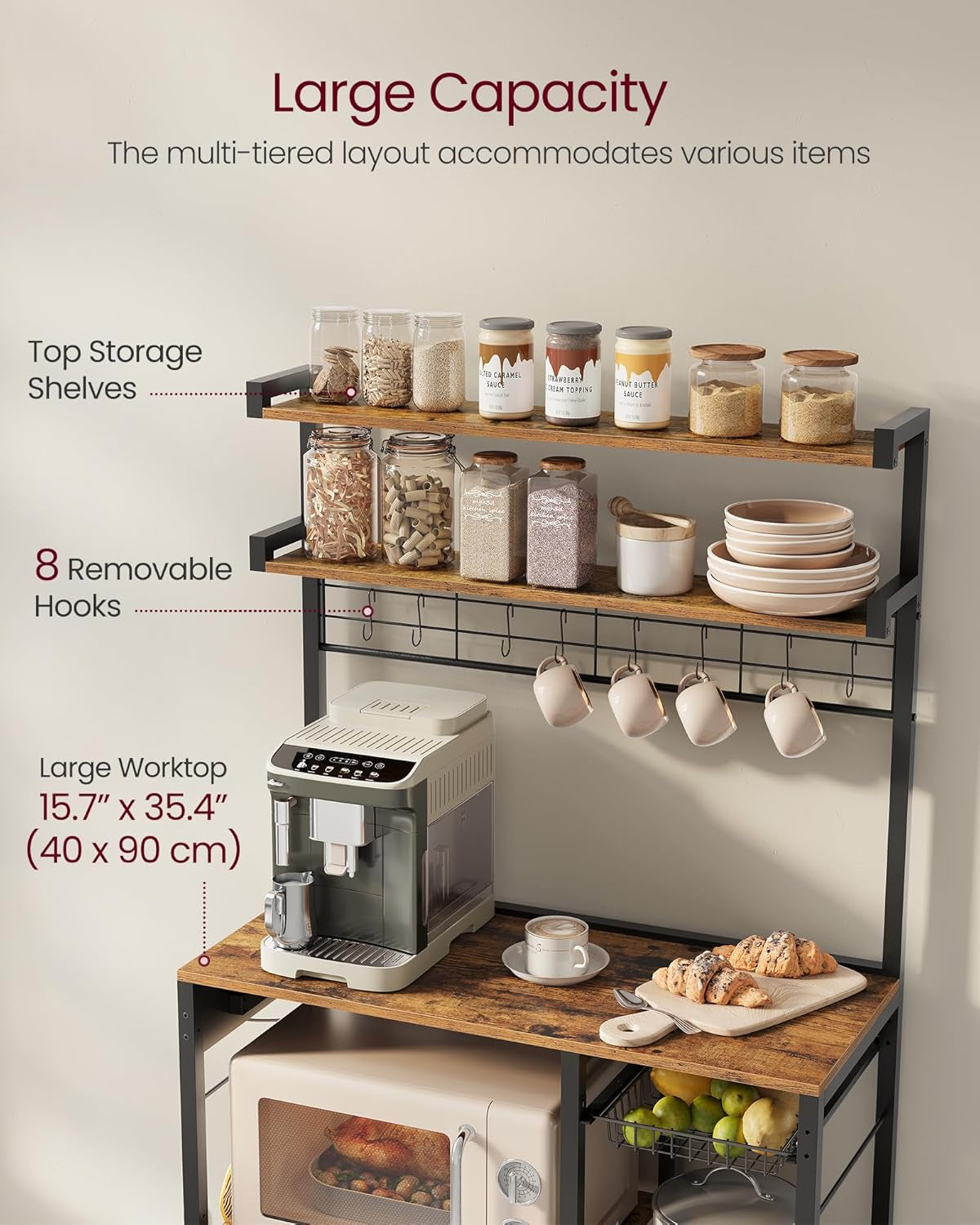 Bakers Rack with Power Outlet, 35.4 Inches Microwave Stand, Coffee Bar, 4 AC Outlets, with Adjustable Shelves, 8 S-Hooks, Basket, Spice Racks, Heather Greige and Ink Black UKKS031K02