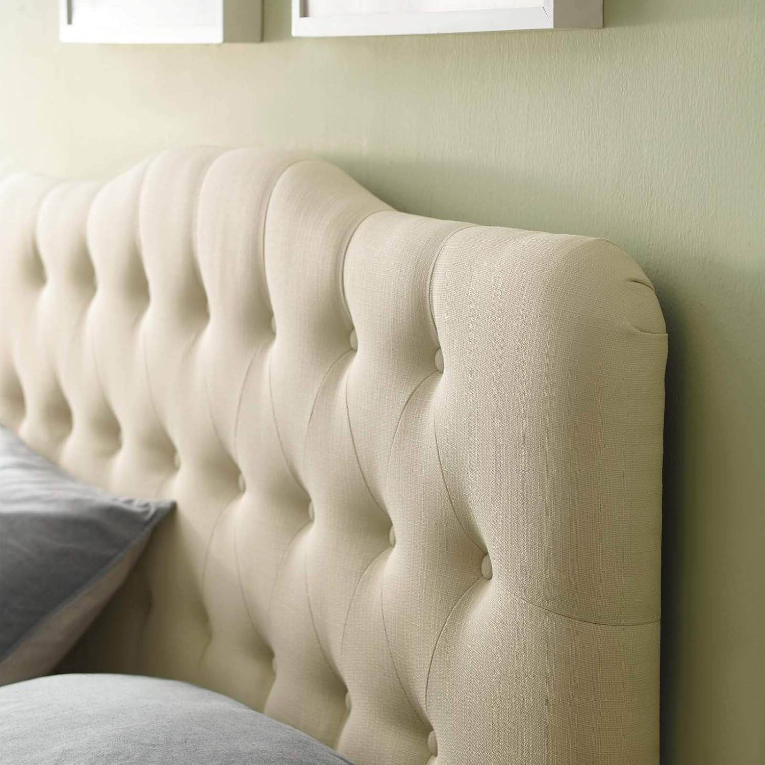 Annabel Tufted Button Linen Fabric Upholstered Queen Headboard in Ivory