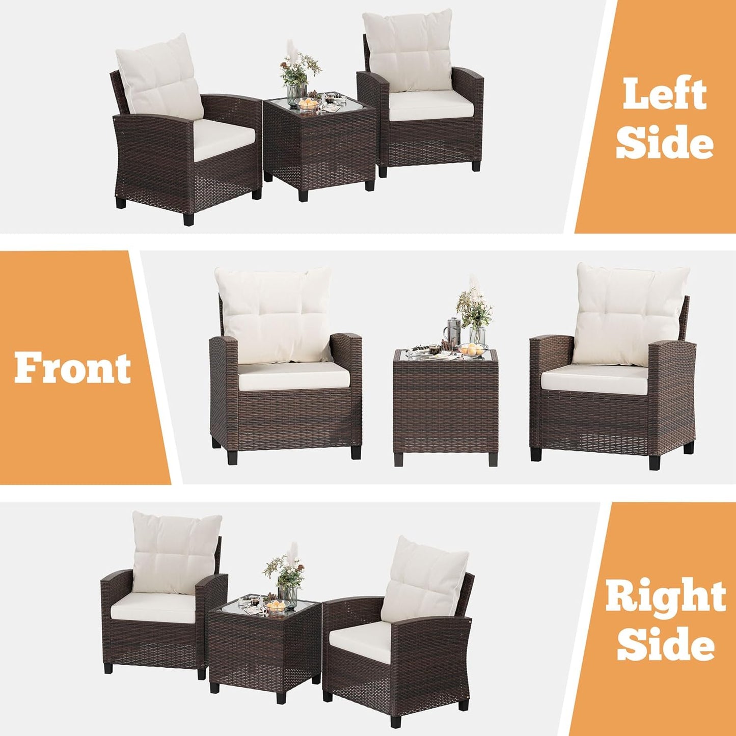 3 Pieces Patio Furniture Set, PE Rattan Wicker 3 Pcs Patio Set, Outdoor Furniture Set with Two Outdoor Chairs and Table, Conversation Set for Garden, Poolside, Balcony, and Porch(Beige)