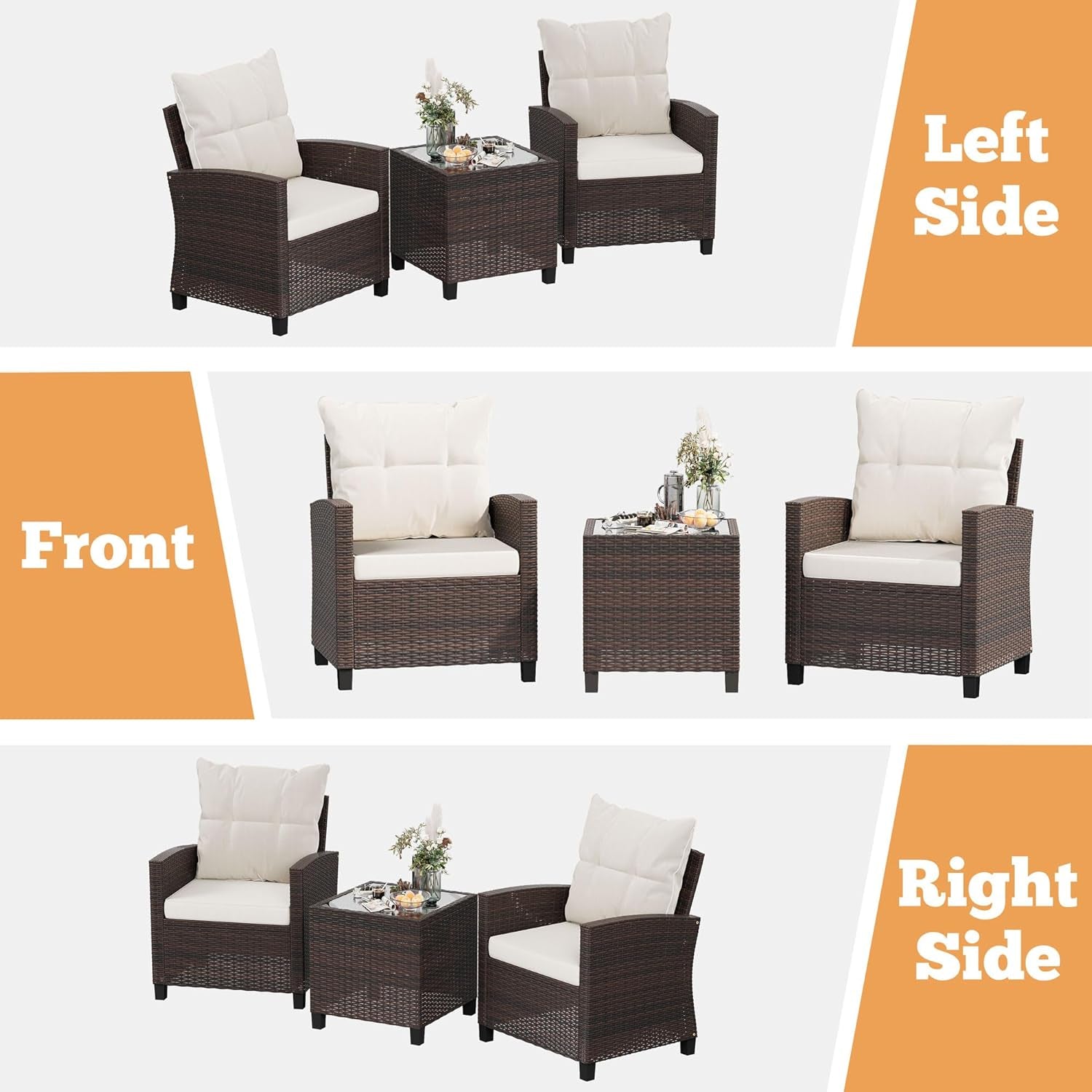 3 Pieces Patio Furniture Set, PE Rattan Wicker 3 Pcs Patio Set, Outdoor Furniture Set with Two Outdoor Chairs and Table, Conversation Set for Garden, Poolside, Balcony, and Porch(Beige)