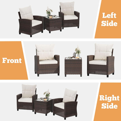 3 Pieces Patio Furniture Set, PE Rattan Wicker 3 Pcs Patio Set, Outdoor Furniture Set with Two Outdoor Chairs and Table, Conversation Set for Garden, Poolside, Balcony, and Porch(Beige)