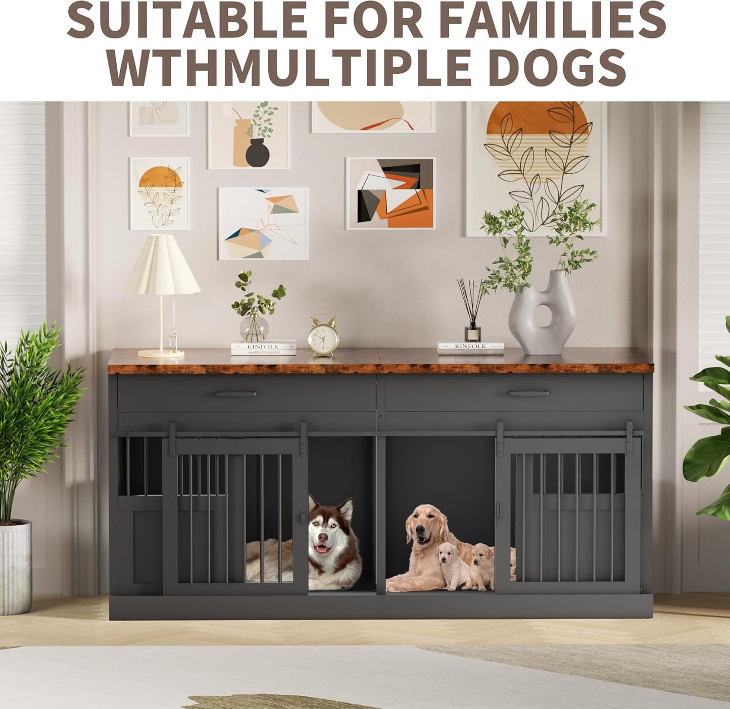 Large Dog Crate Furniture for 2 Dogs 71 Inches Decorative Indoor Dog Kennel Furniture with 2 Drawers XXL Heavy Duty Dog Crates Cage Furniture with Removable Divider and Sliding Doors Black