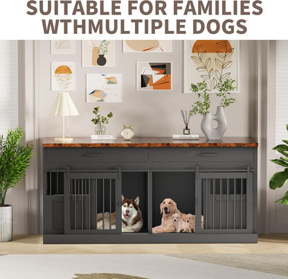 Large Dog Crate Furniture for 2 Dogs 71 Inches Decorative Indoor Dog Kennel Furniture with 2 Drawers XXL Heavy Duty Dog Crates Cage Furniture with Removable Divider and Sliding Doors Black