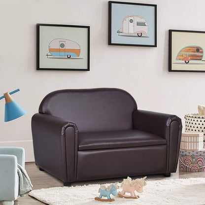 Kids Couch, 2 in 1 Double Seat Children'S Sofa W/Under Seat Storage, PU Leather Surface, Toddler Armrest Chair, Kids Room, Soft Sofa with Storage for Preschool Baby Boys Girls Gifts