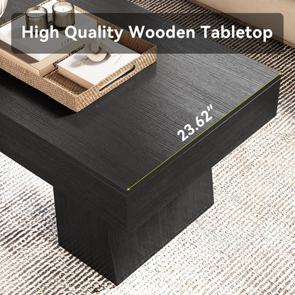 Farmhouse Coffee Table, 47 Inches Wooden Rectangular Accent Center Tables with Thick Base, Modern Low Cocktail Tea Furniture for Living Room (Black)
