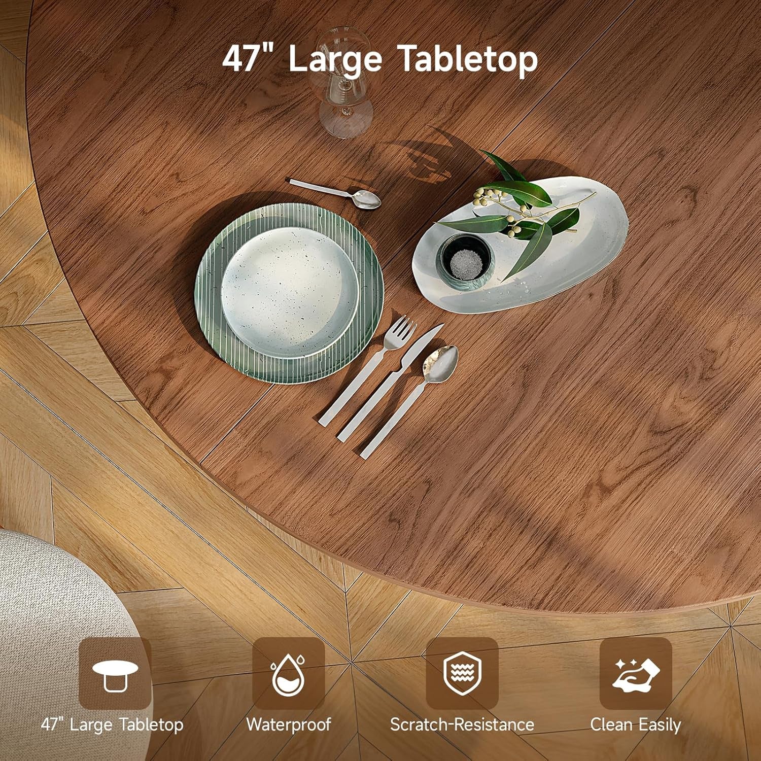 47 Inch round Dining Table for 4, Circle Kitchen Table with Wood Strip Base, Modern Farmhouse Dinner Tables for Kitchen, Living Room (Walnut)