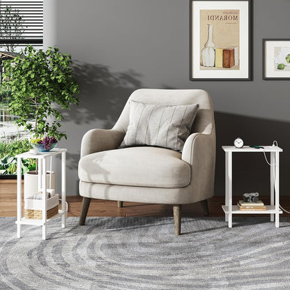 Small End Table with Charging Station, Narrow Side Table with USB Ports and Outlets, Skinny Sofa Table, Slim Nightstand, Living Room, Bed Room, White TB01BW060