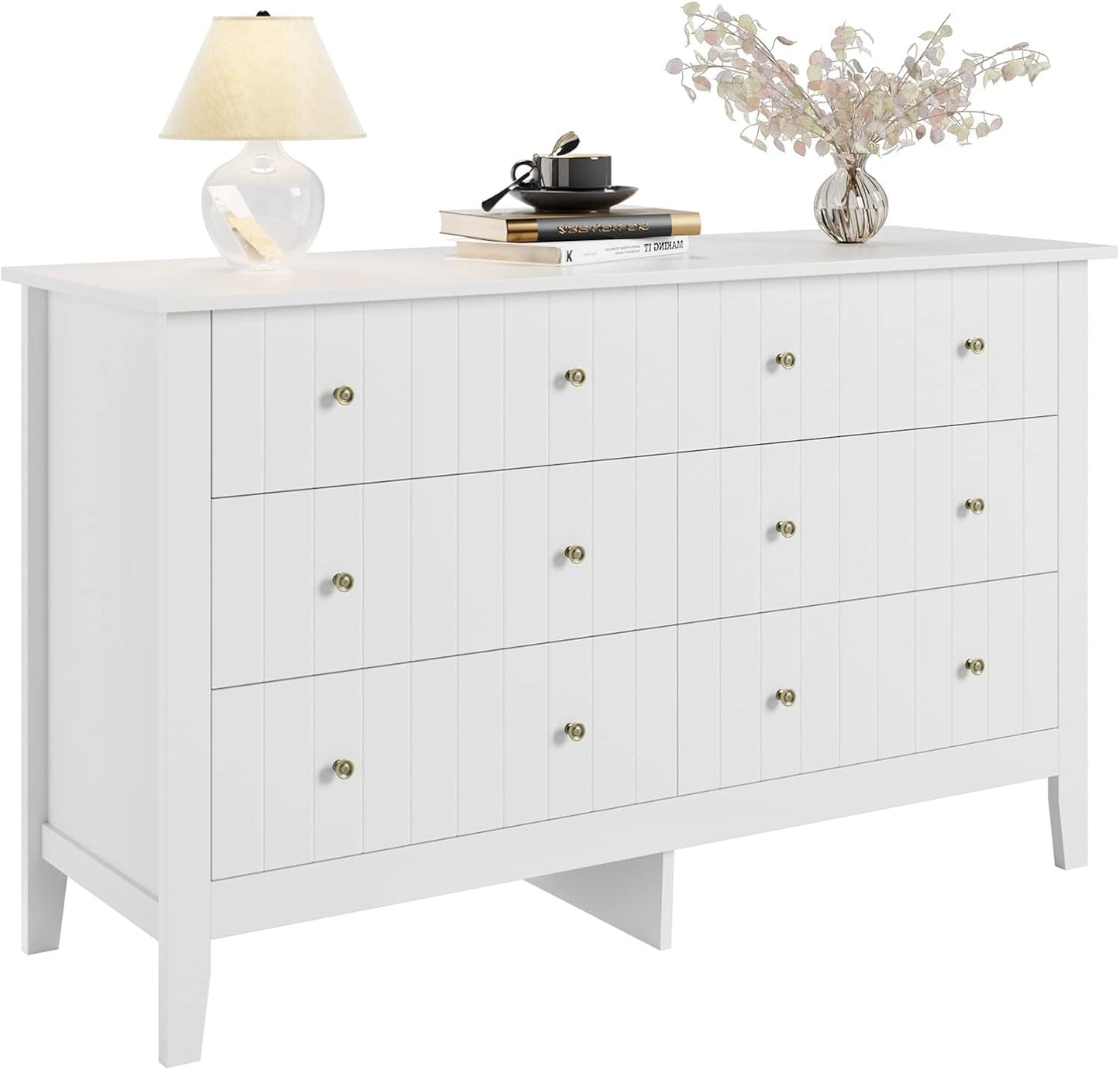 White Dresser, Chest of Drawers, Modern 6 Drawer Double Dressers with Deep Drawers, Nursery Dresser for Baby, Wide Storage Organizer Cabinet for Living Room, Hallway,White