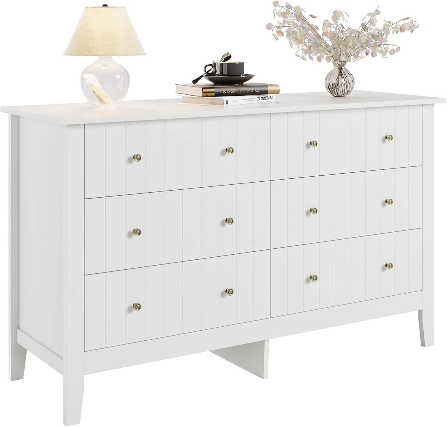 White Dresser, Chest of Drawers, Modern 6 Drawer Double Dressers with Deep Drawers, Nursery Dresser for Baby, Wide Storage Organizer Cabinet for Living Room, Hallway,White