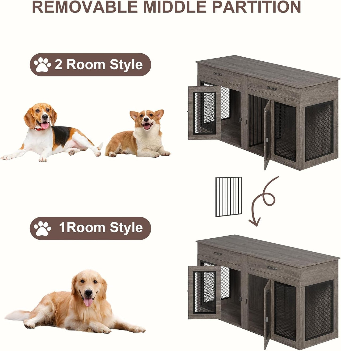 70.9 Inch Double Dog Crate Furniture with Drawers, Wooden Large Dog Kennel TV Stand with Divider and Double Doors, 70.9"* 23.6"* 33.5"H, (Wash Grey)