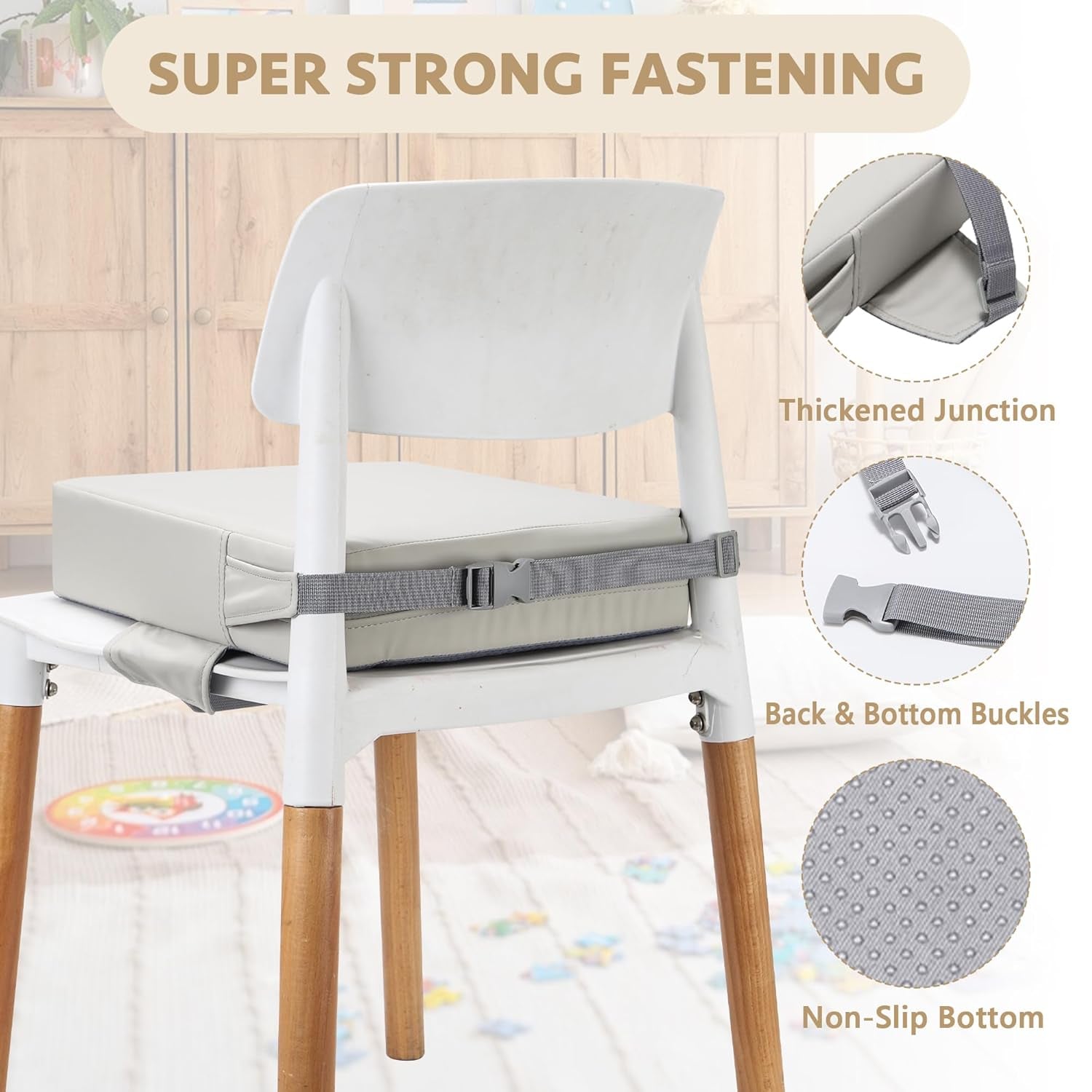 Toddler Booster Seat for Dining Table (PU Material),Portable Kids Booster Seat with Safety Buckles, High Cushion for Travel with Non-Slip Bottom