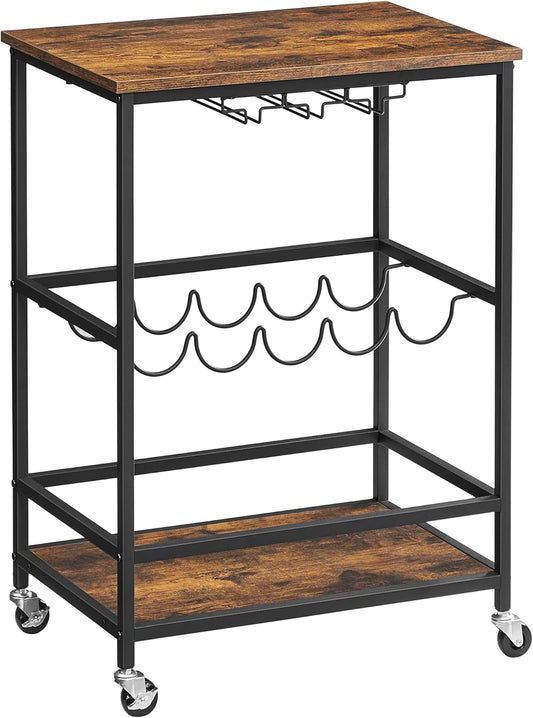 Bar Cart, Serving Cart with Wheels, Glass Stemware Rack and Wine Bottle Holders, 15.7 X 23.6 X 32.3 Inches, Industrial, Rustic Brown and Black ULRC087B01