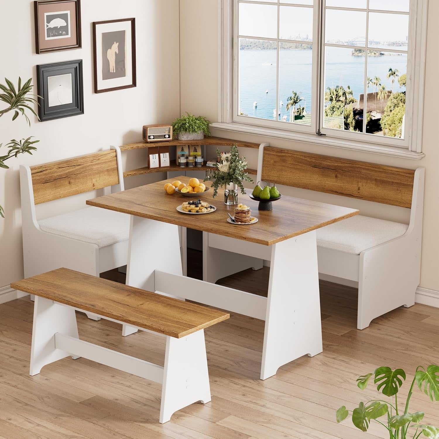 Corner Breakfast Nook Table Set with Cushion, L-Shape Kitchen Dining Table with Bench, Farmhouse Wood Breakfast Nook Bench with Hidden Storage,White & Brown